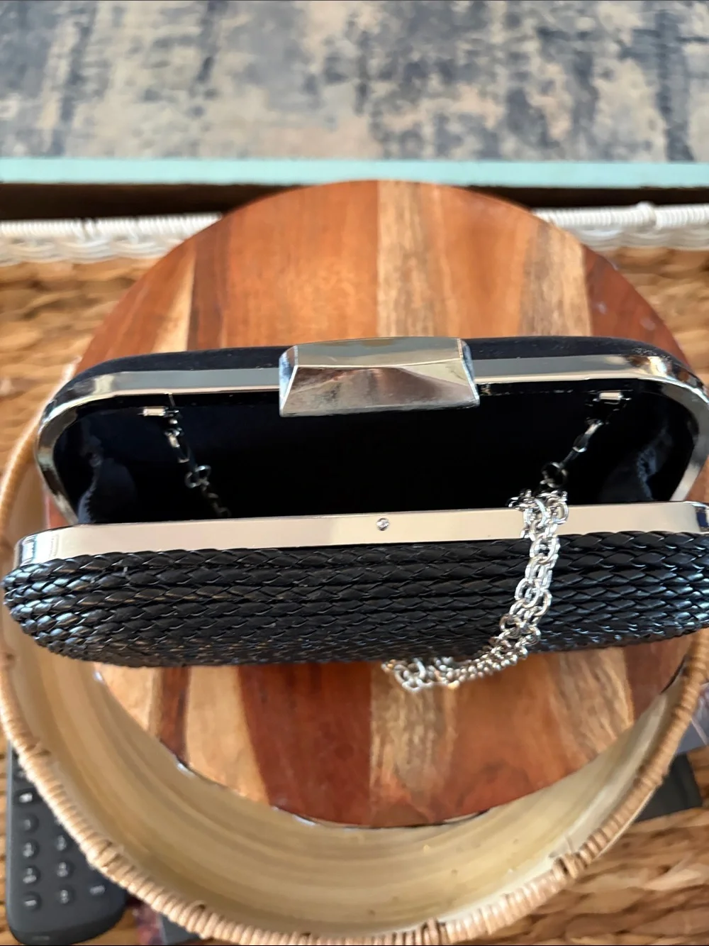 Elegant Black Woven Clutch with Silver Chain Strap